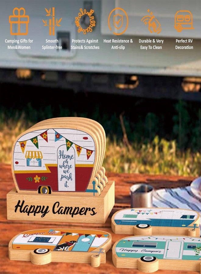 Haigoo Camper Coasters Set of 4, Happy Camper Bamboo Drink Coasters with Holder, Camping Gifts for Camper Lovers Women Men, Suitable for Kinds of Cups, Coffee Table, Camper Decor - Image 4